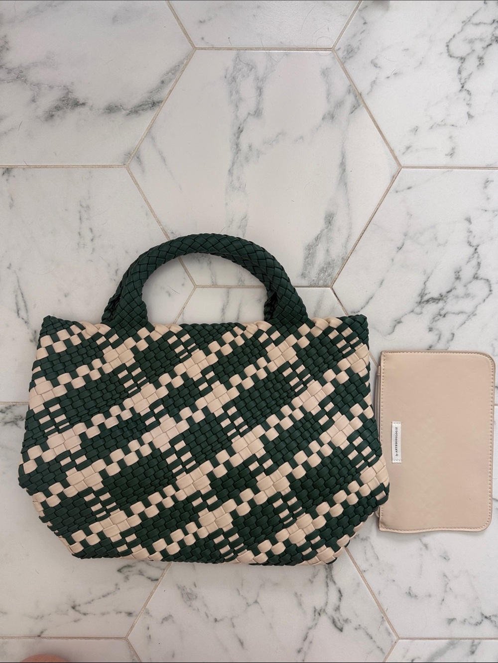 Anthropologie Green and Cream Woven Tote
